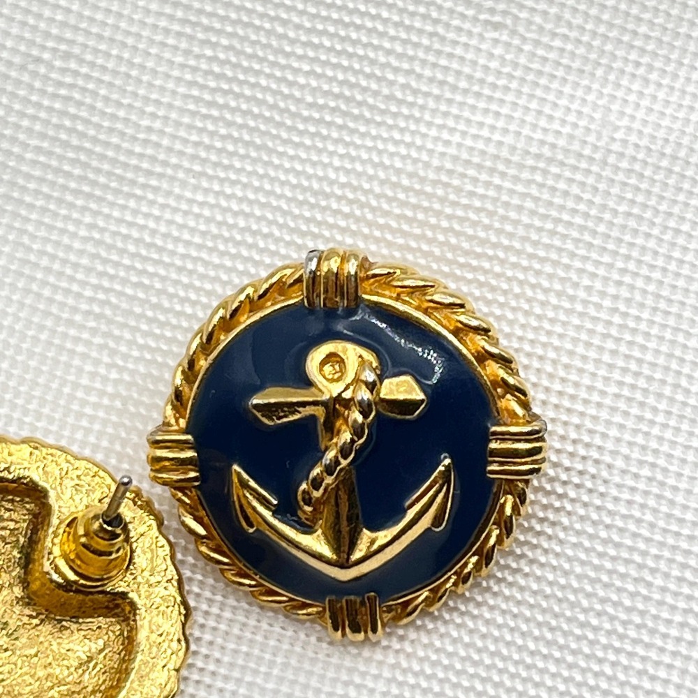Vintage Gold Tone Nautical Sailor Anchor Posted Earrings w/ Navy Blue Enamel - Picture 6 of 8
